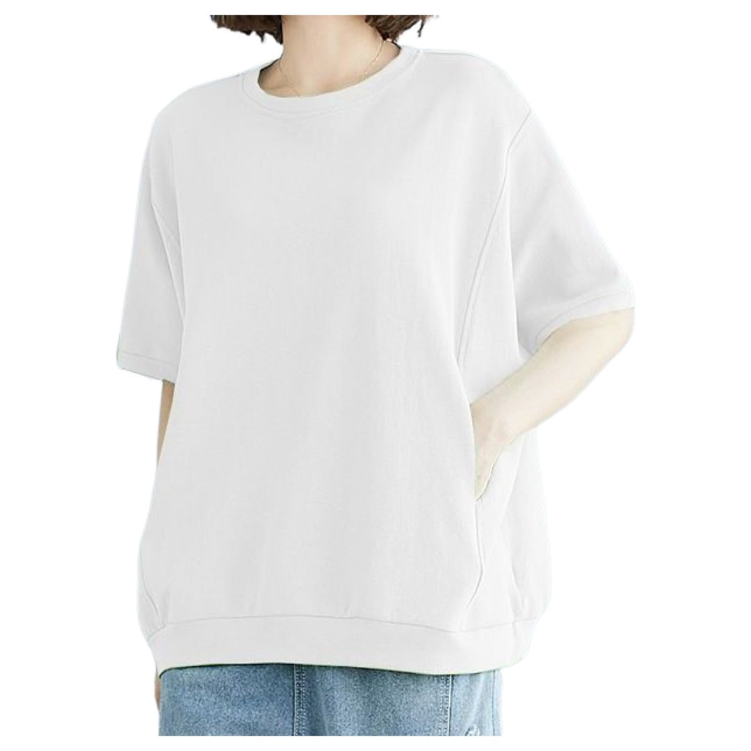 カットソー Tシャツ 5分袖 半袖 レディース トップス プルオーバー ラウンドネック ポケット付き ゆったり 無地 シンプル カジュアル