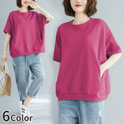 カットソー Tシャツ 5分袖 半袖 レディース トップス プルオーバー ラウンドネック ポケット付き ゆったり 無地 シンプル カジュアル