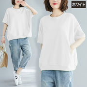 カットソー Tシャツ 5分袖 半袖 レディース トップス プルオーバー ラウンドネック ポケット付き ゆったり 無地 シンプル カジュアル