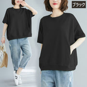 カットソー Tシャツ 5分袖 半袖 レディース トップス プルオーバー ラウンドネック ポケット付き ゆったり 無地 シンプル カジュアル