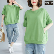 カットソー Tシャツ 5分袖 半袖 レディース トップス プルオーバー ラウンドネック ポケット付き ゆったり 無地 シンプル カジュアル