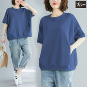 カットソー Tシャツ 5分袖 半袖 レディース トップス プルオーバー ラウンドネック ポケット付き ゆったり 無地 シンプル カジュアル