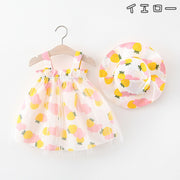 ワンピース ハット 2点セット ベビー キッズ 子供用 女の子 ノースリーブ 袖なし フリル レース いちご 果物 フルーツ 総柄 ギャザー Aライン 帽子 ぼうし お揃い お洒落 かわいい お出かけ 普段使い 女児 子供服