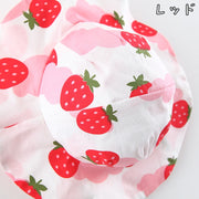 ワンピース ハット 2点セット ベビー キッズ 子供用 女の子 ノースリーブ 袖なし フリル レース いちご 果物 フルーツ 総柄 ギャザー Aライン 帽子 ぼうし お揃い お洒落 かわいい お出かけ 普段使い 女児 子供服
