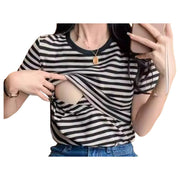 授乳服 Tシャツ レディース 女性 婦人 授乳ウェア マタニティウェア 産後ウェア トップス 半袖 ラウンドネック ボーダー柄 黒 カーキ色 緑 おしゃれ 夏服 授乳 産後
