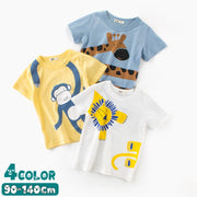 カットソー Tシャツ ラウンドネック 丸襟 丸首 半袖 クルーネック 子供用 キッズ ベビー イラストプリント アニマル 動物 サル キリン ライオン トラ 女の子 男の子 遊び着 通学 通園 カジュアル