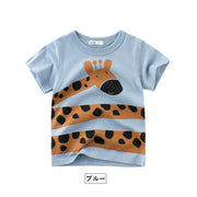 カットソー Tシャツ ラウンドネック 丸襟 丸首 半袖 クルーネック 子供用 キッズ ベビー イラストプリント アニマル 動物 サル キリン ライオン トラ 女の子 男の子 遊び着 通学 通園 カジュアル