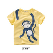 カットソー Tシャツ ラウンドネック 丸襟 丸首 半袖 クルーネック 子供用 キッズ ベビー イラストプリント アニマル 動物 サル キリン ライオン トラ 女の子 男の子 遊び着 通学 通園 カジュアル