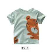 カットソー Tシャツ ラウンドネック 丸襟 丸首 半袖 クルーネック 子供用 キッズ ベビー イラストプリント アニマル 動物 サル キリン ライオン トラ 女の子 男の子 遊び着 通学 通園 カジュアル