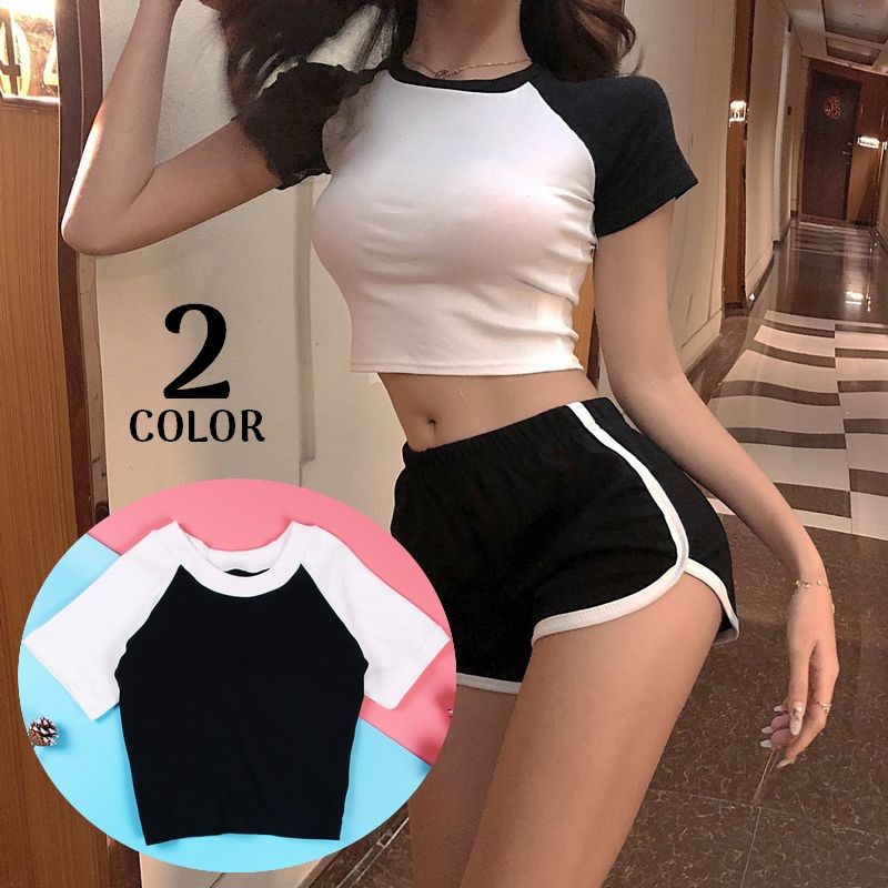 Tシャツ 半袖 ショート丈 レディース カットソー へそ出し 無地 バイカラー ダンス ヒップホップ タイト クルーネック 春夏