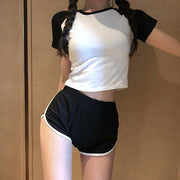 Tシャツ 半袖 ショート丈 レディース カットソー へそ出し 無地 バイカラー ダンス ヒップホップ タイト クルーネック 春夏