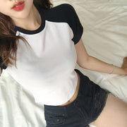 Tシャツ 半袖 ショート丈 レディース カットソー へそ出し 無地 バイカラー ダンス ヒップホップ タイト クルーネック 春夏