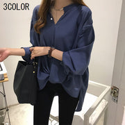 ブラウス シャツ スキッパー レディース トップス 長袖 無地 シンプル ロングテール 後ろが長い ゆったり ゆるシルエット 通勤スタイル オフィス 定番 大人女子 きっちり 着まわし ヘビロテ 体型カバー