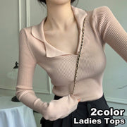 ニット 長袖 プルオーバー リブニット レディース 女性 トップス 襟付き オープンカラー Vネック フレアスリーブ シンプル 着回し 合わせやすい お洒落 婦人服