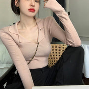 ニット 長袖 プルオーバー リブニット レディース 女性 トップス 襟付き オープンカラー Vネック フレアスリーブ シンプル 着回し 合わせやすい お洒落 婦人服