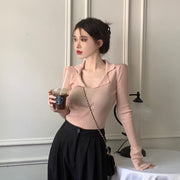 ニット 長袖 プルオーバー リブニット レディース 女性 トップス 襟付き オープンカラー Vネック フレアスリーブ シンプル 着回し 合わせやすい お洒落 婦人服