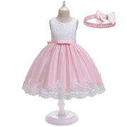 ドレス ノースリーブ ヘアバンド付き 子供服 キッズ ジュニア ベビー 女の子 ワンピース 袖なし ラウンドネック リボン レース チュール チュチュ ヘアゴム ふんわり サテン調 ツートンカラー 単色 背中ファスナー キュート かわいい 上品 フォーマル 発表会 結婚式 イベント パーティ コスプレ 誕生会 プレゼント ギフト ピンク 赤 ローズ 青 黄 白