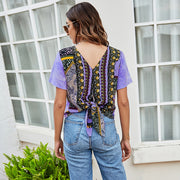カットソー Tシャツ レディース 女性 トップス 半袖 Vネック ラウンドネック 前後リバーシブル 2WAY タイダイ柄 前結び 後ろ結び カジュアル デイリー 普段使い お出かけ おしゃれ かわいい パープル
