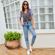 カットソー Tシャツ レディース 女性 トップス 半袖 Vネック ラウンドネック 前後リバーシブル 2WAY タイダイ柄 前結び 後ろ結び カジュアル デイリー 普段使い お出かけ おしゃれ かわいい パープル