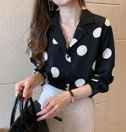 シャツ 長袖 レディース 女性用 トップス 開襟 ドット柄 水玉模様 前開き 襟付き オープンカラー 大きいサイズ おしゃれ かわいい オフィスカジュアル ブラウス 総柄 ブラック ベージュ グリーン 黒 緑