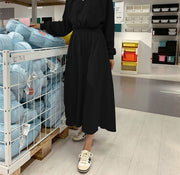ワンピース スウェット 長袖 レディース フレア ロング丈 ミモレ丈 ラウンドネック 袖リブ ラグラン袖 ウエスト切り替え ウエストゴム ポケット付き 無地 ソリッドカラー 大きいサイズあり 婦人服 女性用 細見え おしゃれ M L XL 2XL