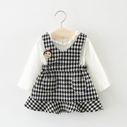 ワンピース カットソー キッズ 子供 女の子 重ね着風 長袖 フリル チェック柄 スタンドカラー フレアスカート レッド ブラック かわいい お出かけ お誕生日