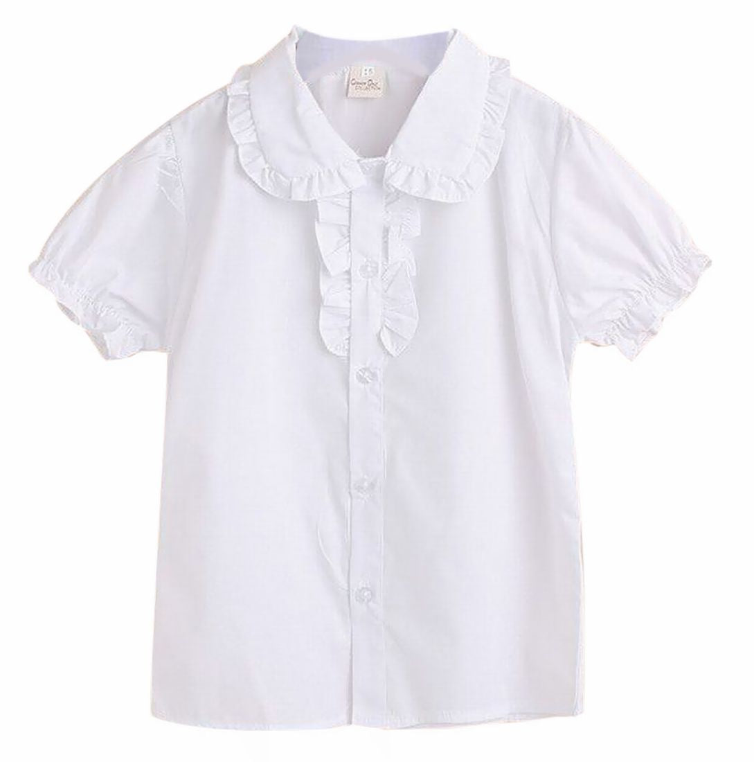 ブラウス 半袖 シャツ キッズ ジュニア 子供 女子 女の子 キッズ服 子供服 トップス 襟付 フリル襟 フリル袖 前ボタン シンプル 無地 ホワイト 清潔感 定番 着回し ガーリー