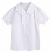 ブラウス 半袖 シャツ キッズ ジュニア 子供 女子 女の子 キッズ服 子供服 トップス 襟付 フリル襟 フリル袖 前ボタン シンプル 無地 ホワイト 清潔感 定番 着回し ガーリー