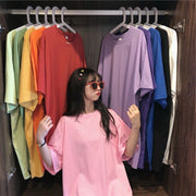 Tシャツ チュニック 半袖 レディース ラウンドネック 無地 シンプル ゆったり ビッグシルエット ドロップショルダー 着痩せ 体系カバー 丸首 クルーネック 着回し抜群 カジュアル おしゃれ 夏 春 秋 M L XL 2XL ホワイト ブラック 黒 ピンク レッド グリーン ブルー 青 赤 緑 パープル 紫 オレンジ