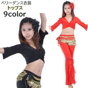ベリーダンス衣装 トップス レディース 女性用 7分袖 Vネック ねじれ ショート丈 へそ出し 無地 単色 おしゃれ ダンスウェア 練習着 レッスン着 舞台 発表会 イベント