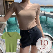 カットソー 半袖 レディース 女性 婦人服 トップス Tシャツ Vネック リブ生地 単色 無地 ベーシック シンプル おしゃれ 着回し シンプル かわいい お出かけ 部屋着 通勤 カラバリ豊富 白 黄 黒 ベージュ 青 茶 ワイン ピンク 橙 緑