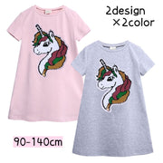 ワンピース 子供服 キッズ ベビー ジュニア 女の子 半袖 Aライン ラウンドネック スパンコール 色が変わる ユニコーン ハート かわいい おしゃれ キラキラ カジュアル 夏服