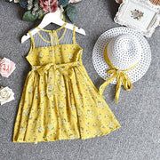 ワンピース 帽子 2点セット キッズ 女の子 ノースリーブ ラウンドネック リボン 小花柄 チュールレース メッシュ フレア シースルー 可愛い おしゃれ 女子力アップ フェミニン ガーリー きれいめ ふんわり 春服 夏服 リゾート お出かけシーン 結婚式 リゾート 子供服 ファッション小物 丸首 花柄