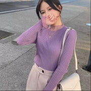 ニット 長袖 プチハイネック ニットソー トップス レディース 袖口フレア リブ 無地 単色 透け感 シアー シンプル フェミニン きれいめ 大人上品 着回し おしゃれ かわいい オフィス 通勤 カジュアル デイリー お出掛け 女性用 婦人用