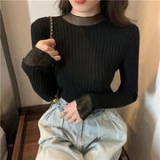 ニット 長袖 プチハイネック ニットソー トップス レディース 袖口フレア リブ 無地 単色 透け感 シアー シンプル フェミニン きれいめ 大人上品 着回し おしゃれ かわいい オフィス 通勤 カジュアル デイリー お出掛け 女性用 婦人用
