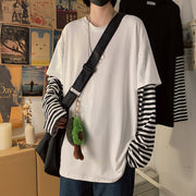 長袖カットソー Tシャツ メンズ 大きいサイズ 重ね着風 フェイクレイヤード ゆったり 体型カバー ストリート ヒップホップ B系