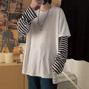 長袖カットソー Tシャツ メンズ 大きいサイズ 重ね着風 フェイクレイヤード ゆったり 体型カバー ストリート ヒップホップ B系