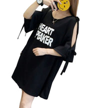 Tシャツワンピース 半袖 5分袖 レディース ロングTシャツ ミニ丈 膝上 Aライン リボン チュニック オープンショルダー 肩開き 肩出し ゆったり 体系カバー トップス プルオーバー 英字 ロゴプリント ラウンドネック S M L XL 2XL 3XL カジュアル おしゃれ カラバリ ブラック グリーン イエロー ホワイト オレンジ