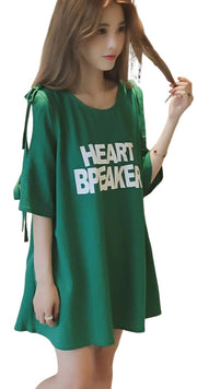 Tシャツワンピース 半袖 5分袖 レディース ロングTシャツ ミニ丈 膝上 Aライン リボン チュニック オープンショルダー 肩開き 肩出し ゆったり 体系カバー トップス プルオーバー 英字 ロゴプリント ラウンドネック S M L XL 2XL 3XL カジュアル おしゃれ カラバリ ブラック グリーン イエロー ホワイト オレンジ