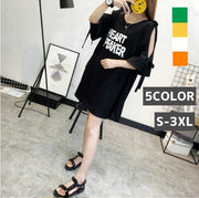Tシャツワンピース 半袖 5分袖 レディース ロングTシャツ ミニ丈 膝上 Aライン リボン チュニック オープンショルダー 肩開き 肩出し ゆったり 体系カバー トップス プルオーバー 英字 ロゴプリント ラウンドネック S M L XL 2XL 3XL カジュアル おしゃれ カラバリ ブラック グリーン イエロー ホワイト オレンジ