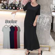 ワンピース マキシ丈 ロング丈 半袖 ラウンドネック レディース 女性 婦人服 無地 単色 シンプル ワンマイル カジュアル かわいい