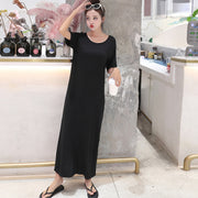 ワンピース マキシ丈 ロング丈 半袖 ラウンドネック レディース 女性 婦人服 無地 単色 シンプル ワンマイル カジュアル かわいい