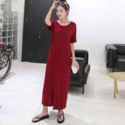 ワンピース マキシ丈 ロング丈 半袖 ラウンドネック レディース 女性 婦人服 無地 単色 シンプル ワンマイル カジュアル かわいい