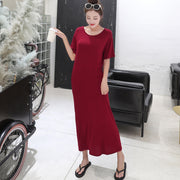 ワンピース マキシ丈 ロング丈 半袖 ラウンドネック レディース 女性 婦人服 無地 単色 シンプル ワンマイル カジュアル かわいい