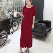 ワンピース マキシ丈 ロング丈 半袖 ラウンドネック レディース 女性 婦人服 無地 単色 シンプル ワンマイル カジュアル かわいい