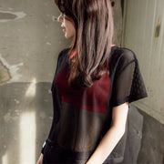 半袖カットソー レディース メッシュ シースルー トップス Tシャツ シンプル 無地 重ね着 透け感 ダンス 衣装 トレーニング ブラック ホワイト