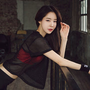 半袖カットソー レディース メッシュ シースルー トップス Tシャツ シンプル 無地 重ね着 透け感 ダンス 衣装 トレーニング ブラック ホワイト