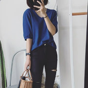 ニット カットソー レディース 女性 婦人 トップス 5分丈 Ｖネック プルオーバー 無地 単色 シンプル カジュアル かわいい おしゃれ お出かけ