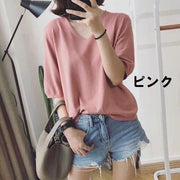 ニット カットソー レディース 女性 婦人 トップス 5分丈 Ｖネック プルオーバー 無地 単色 シンプル カジュアル かわいい おしゃれ お出かけ