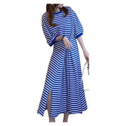 ワンピース ロング 2way ボーダー Tシャツワンピース レディース ラウンドネック 5分袖 プルオーバー ウエストシェイプ 大きいサイズ有 しましま 縞々 おしゃれ かわいい カジュアル デイリー ルームウェア 部屋着 お出かけ 女性用